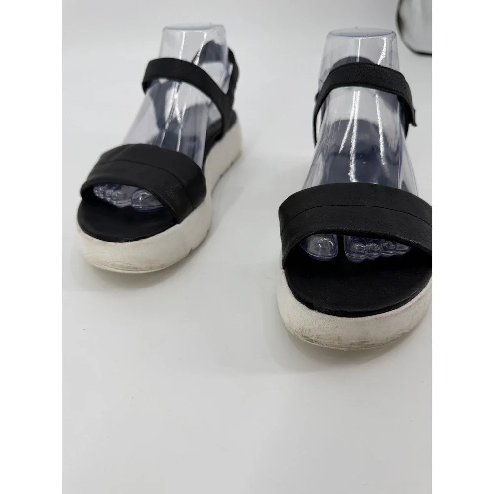Eileen Fisher Black Leather Platform Sport Sandals Womens 8M Hook Loop Strap